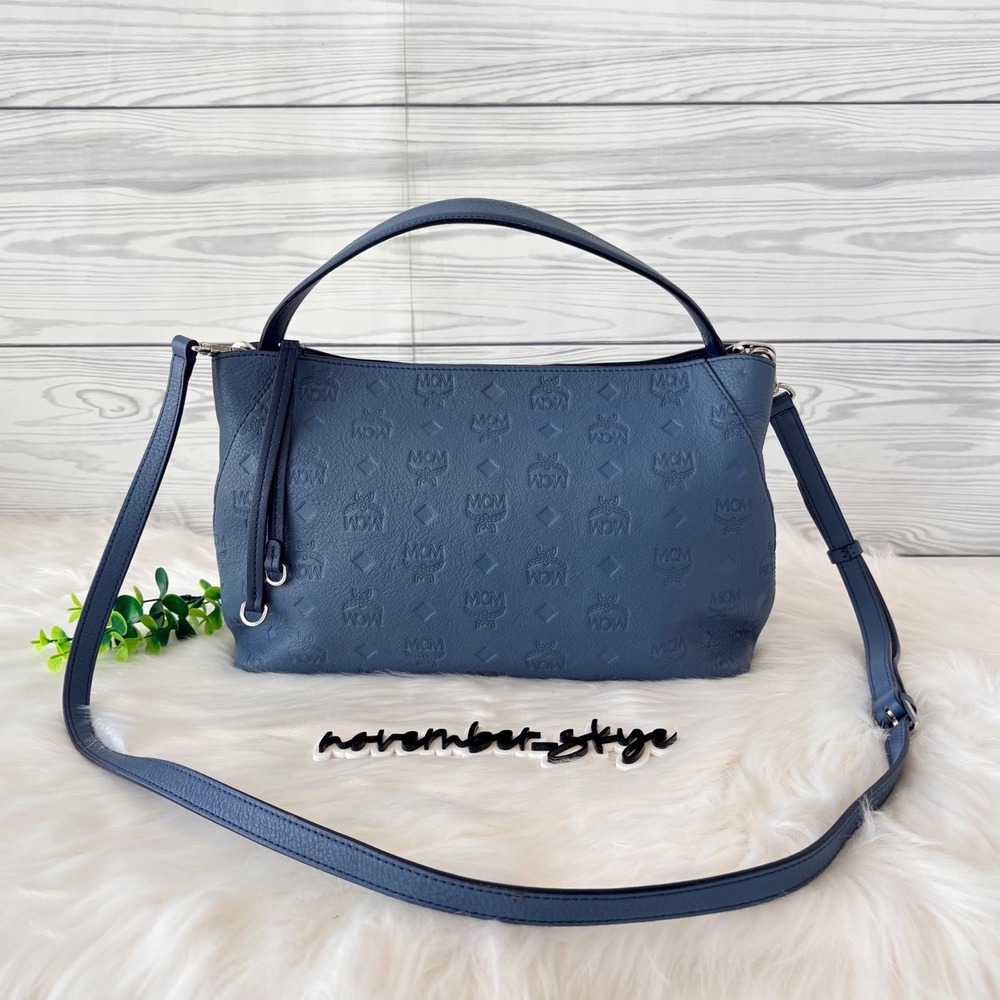 MCM Klara Embossed Monogram Blue Leather Hobo Crossbody Bag
